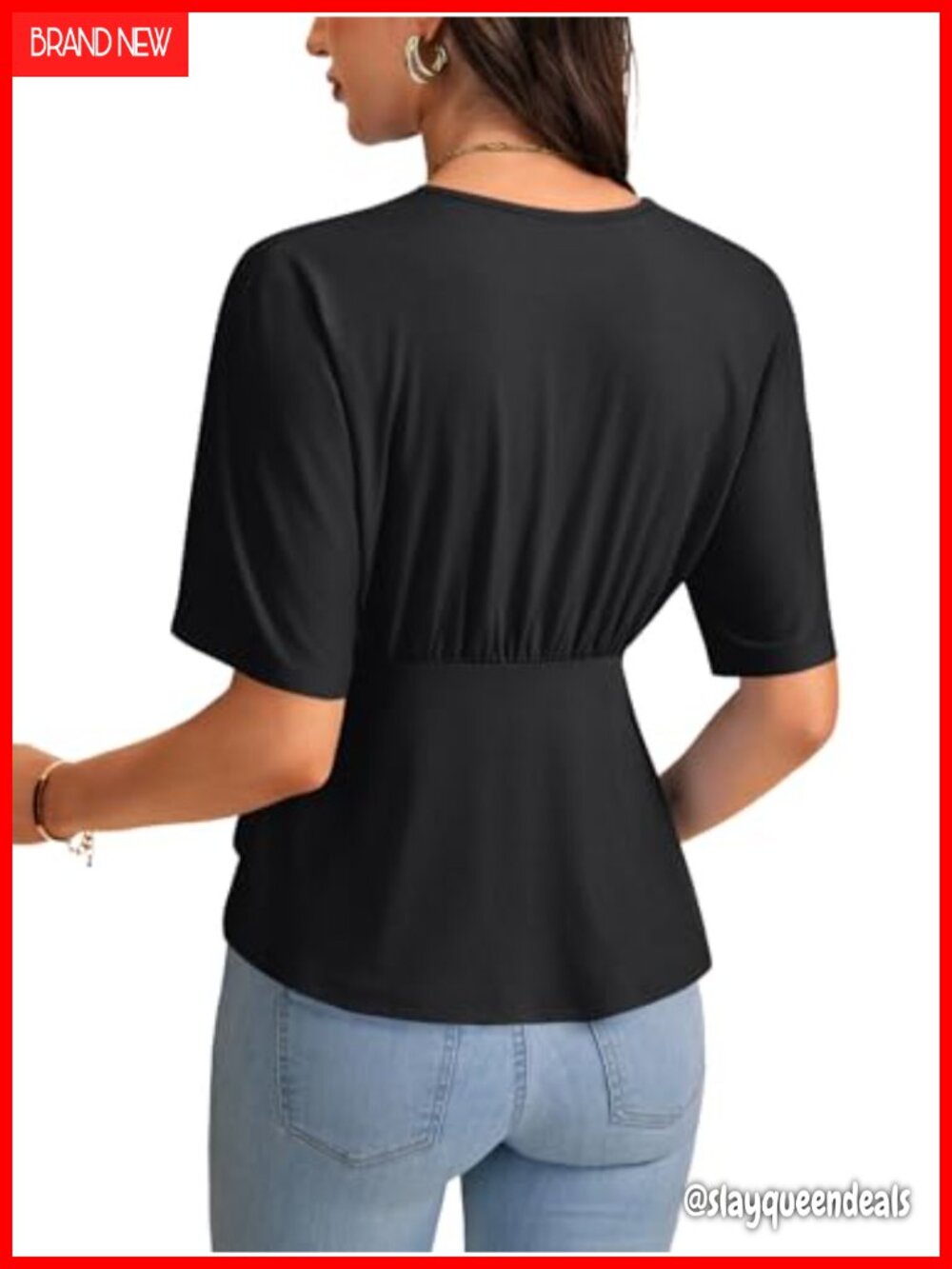 Ruffle V Neck Short Sleeve Ruched Tunic Blouse Top - Picture 4 of 6